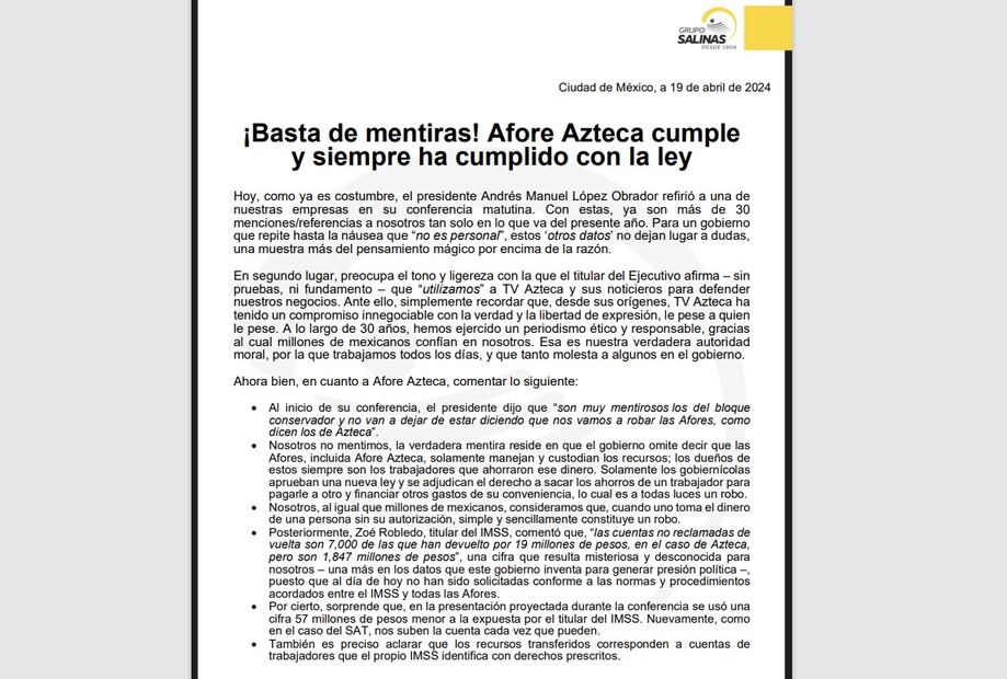 Grupo Salinas responde a López Obrador