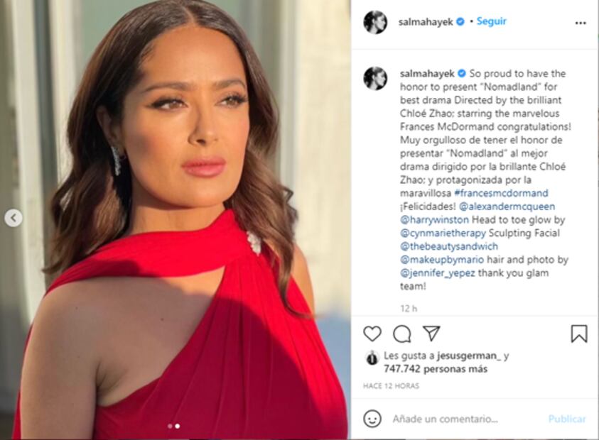 El vestido de lujo rojo con el que Salma Hayek impactó en los Golden Globes