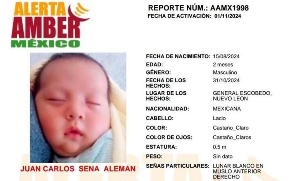 Activan Alerta Amber Nacional por bebé robado en Nuevo Leon. Foto: Especial