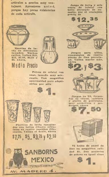 Este anuncio de 1930 es de los primeros de EL UNIVERSAL en mencionar la venta de platería en la Casa de los Azulejos, por las mismas fechas en que Frederick Davis diseñó el uniforme de las meseras. Hemeroteca EL UNIVERSAL.