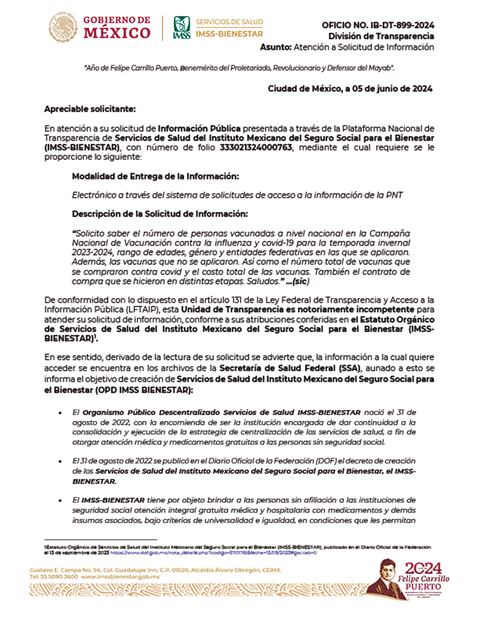En las respuestas que ofrecieron las dependencias a las solicitudes de información destaca lo del IMSS Bienestar, que señala que los datos se encuentran en los archivos de la secretaría de salud