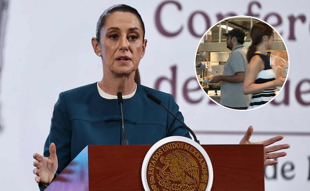 Claudia Sheinbaum en su conferencia de prensa en Palacio Nacional el 28 de julio de 2025. Captan a Andy López Beltrán y el diputado Daniel Asaf en el bufet del hotel Okura de Tokyo. Fotos: Berenice Fregoso/EL UNIVERSAL y tomada de la cuenta de X de  @ClaudioOchoaH.