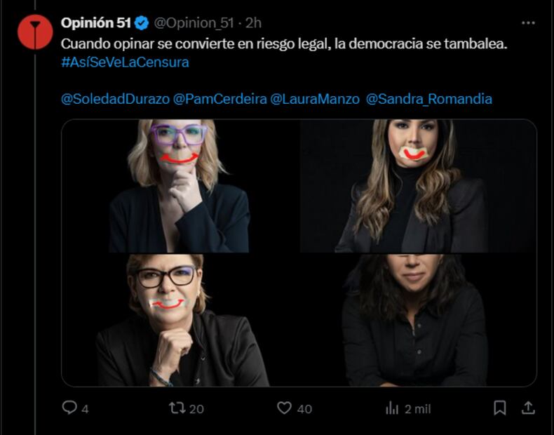 Posicionamiento de Opinión 51 en contra de la censura y de su uso político. Foto: Captura de pantalla