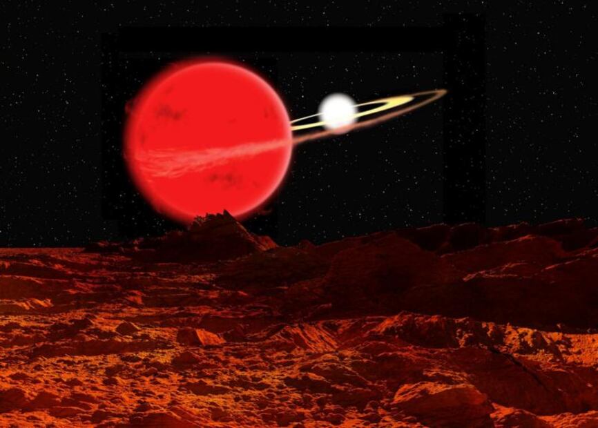 Ilustración de un sistema binario con una estrella enana blanca y una gigante roja.Foto: BBC