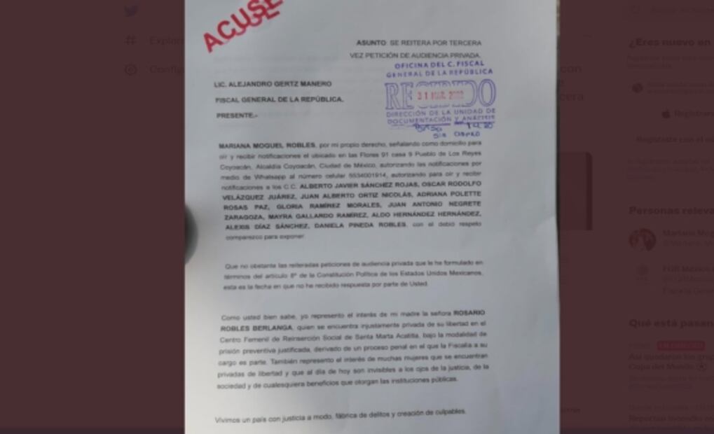 Por tercera ocasión, hija de Rosario Robles solicita audiencia con el fiscal Gertz Manero