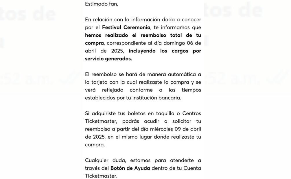 Correo proporcionado por Ticketmaster para reembolso de boletos por cancelación de Festival AXE Ceremonia (06/04/2025). Foto: Captura de pantalla