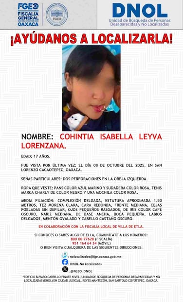 Buscan a la menor Cohintia Isabella en Oaxaca (09/10/2025). Foto: Especial