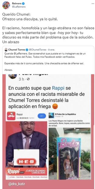 Regina Orozco se despide de App por usar imagen del "racista" Chumel Torres 