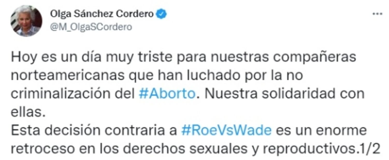 “Ni un paso atrás”: Sánchez Cordero lamenta decisión de Corte de EU de revocar derecho al aborto
