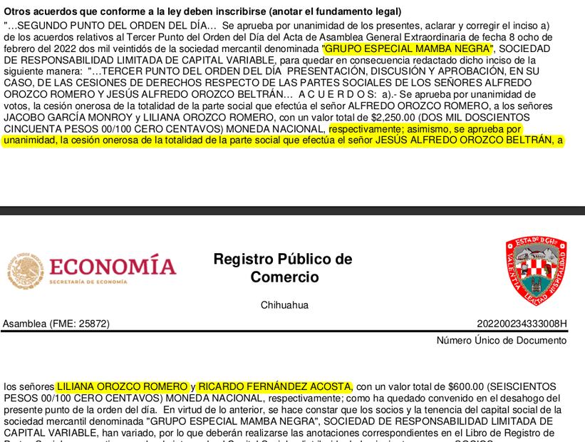 Acta de asamblea en el Registro Público de Comercio. Imagen: Captura de pantalla.