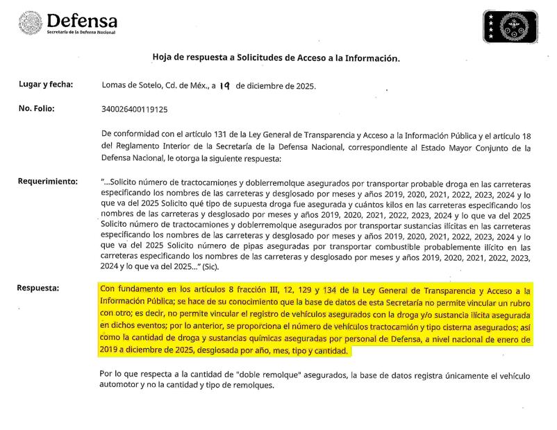 En su respuesta a la solicitud de transparencia de este diario, la Secretaría de la Defensa Nacional no especifica ni desglosa cuántas de esas unidades aseguradas están ligadas al traslado de combustible ilegal o huachicol y cuántas a precursores químicos únicamente.
Aclara que su base de datos no permite vincular el registro de vehículos asegurados con la droga o sustancia ilícita incautada en estos eventos.