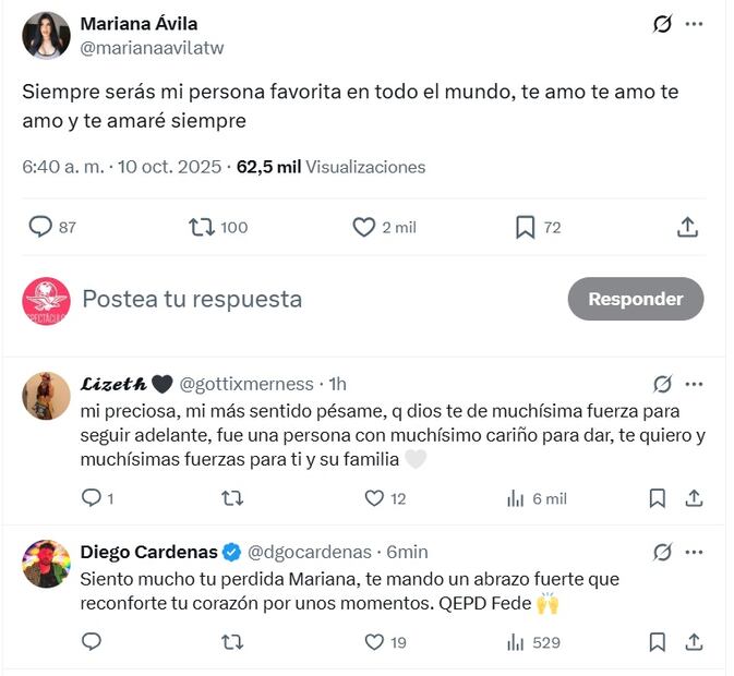 Mariana Ávila reacciona a la muerte de su novio, el cantante Fede Dorcaz, y recibe condolencias de sus seguidores.