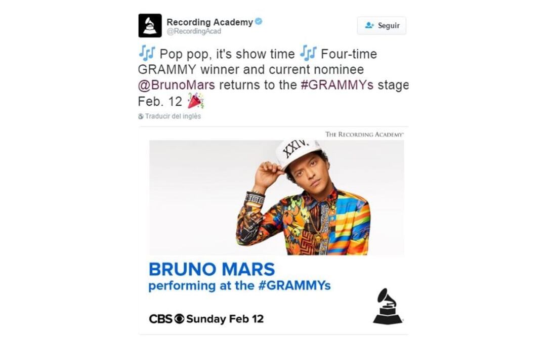 Bruno Mars actuará en la ceremonia de los Grammy