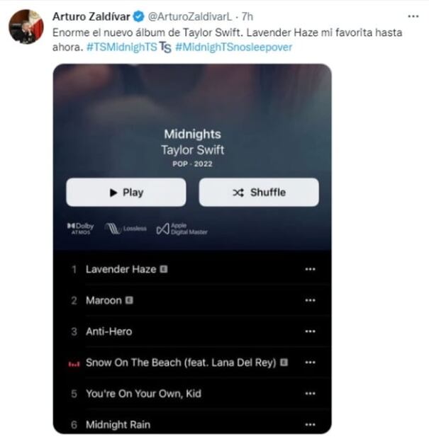 Como todo un "swiftie", fascina a ministro Arturo Zaldívar el nuevo álbum de Taylor Swift, “Midnights”