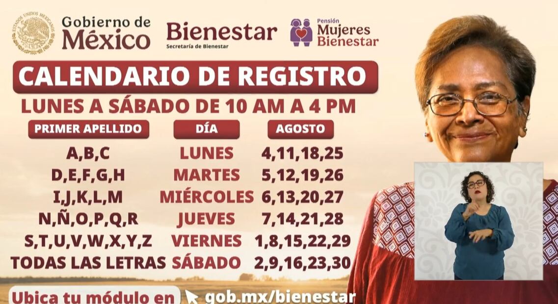 Calendario de registro a programa Mujeres Bienestar. Foto: captura de pantalla