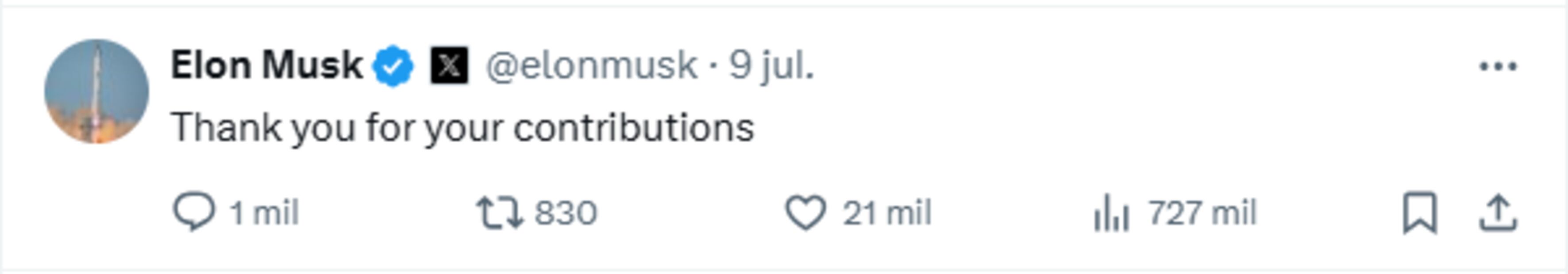 Respuesta de Elon Musk a la publicación de despedida como CEO de X de Linda Yaccarino. Foto: X