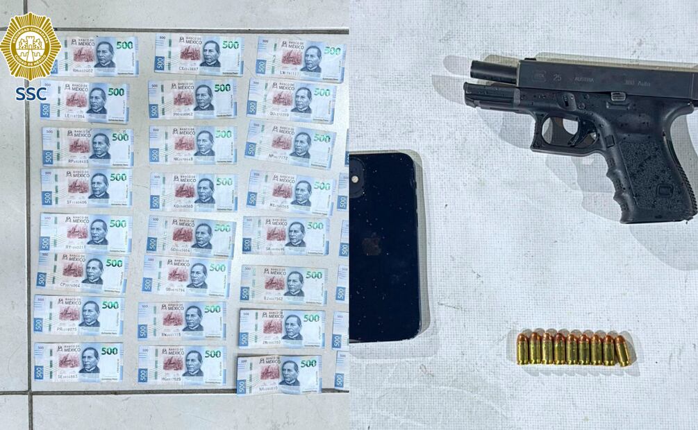 Al joven detenido en la colonia Agrícola Oriental, alcaldía Iztacalco, le aseguraron un arma, un celular y dinero en efectivo (28/05/2025). Foto: Especial