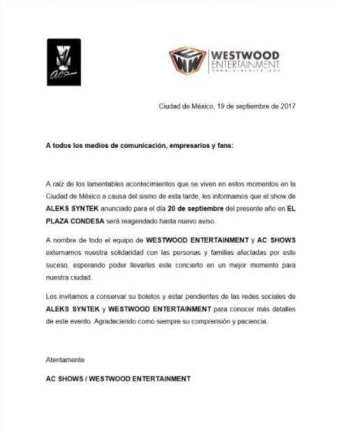 Suspenden concierto de Aleks Syntek en El Plaza Condesa