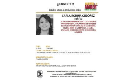 Activan Alerta Amber para localizar a Carla Romina Ordóñez Piñón