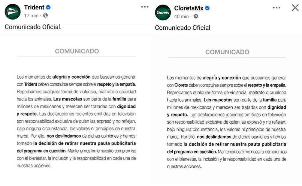 Trident y Clorets dan a conocer su postura sobre las declaraciones del conductor Pedro Sola en "Ventaneando".