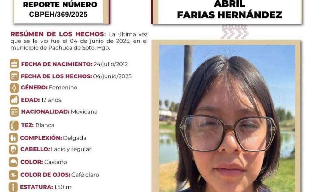 Ficha de búsqueda de la menor Abril Farías Hernández (06/06/2025). Foto: Especial (05/06/2025). Foto: Especial