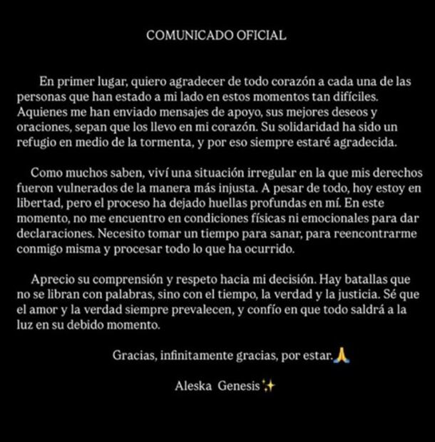 Este es el comunicado que la modelo compartió tras su detención. Foto: Captura de pantalla.