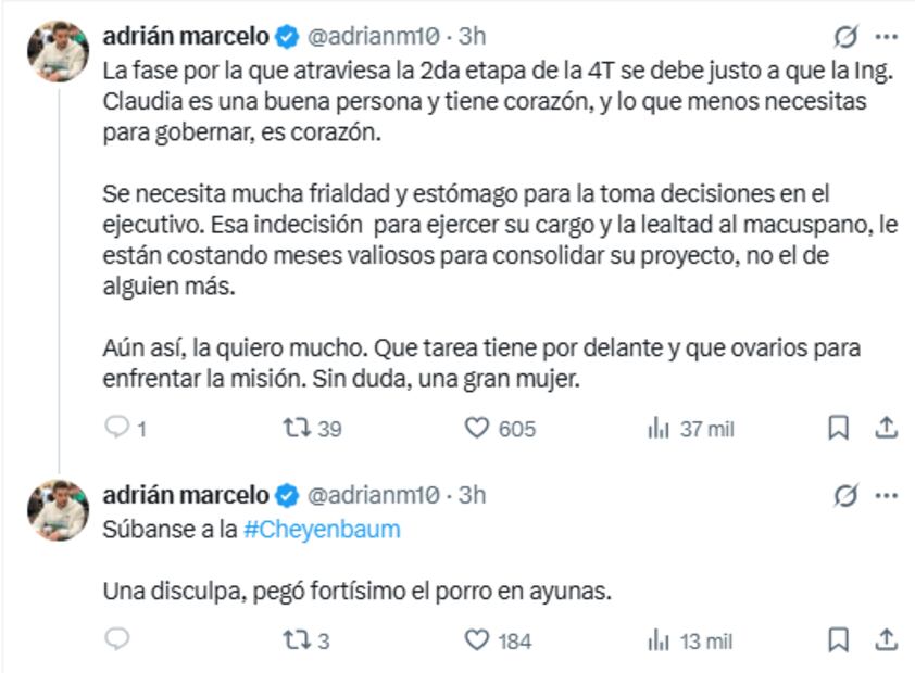 El comediante regiomontano mostró su solidaridad con la mandataria Claudia Sheinbaum mediante una publicación en 'X'. Foto: Captura de pantalla @adrianm10