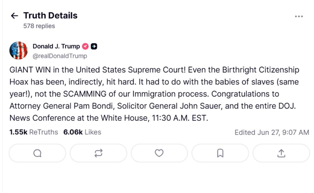 Donald Trump a través de su cuenta oficial de Truth Social. Foto: captura de pantalla