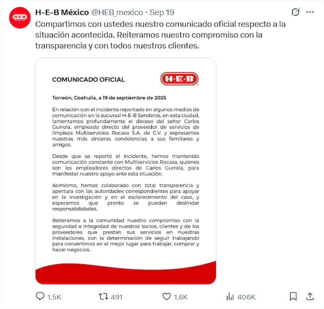 A través de un comunicado en redes, la empresa HEB mostró su disposición para colaborar con la investigación correspondiente. Foto: Captura de pantalla