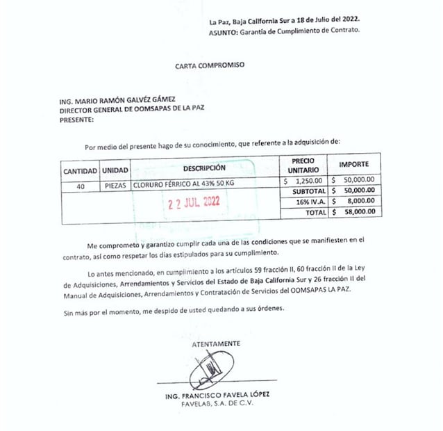 Carta compromiso del contrato firmado por Favelab SA de CV con el Sistema de Agua del Ayuntamiento de La Paz, Baja California Sur.