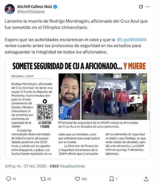 La ex candidata a la presidencia Xóchitl Gálvez lamentó el fallecimiento de Rodrigo Mondragón, aficionado del Cruz Azul. Foto: Captura de pantalla X