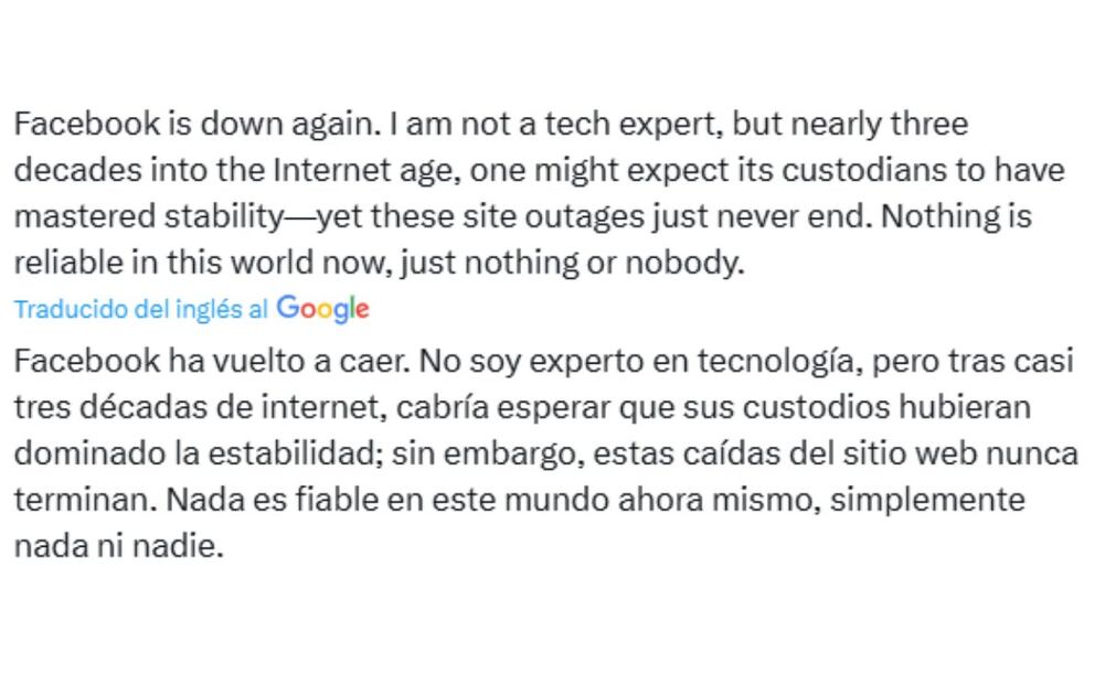 Caída de Facebook. 11 de agosto del 2025. Imagen: captura de pantalla