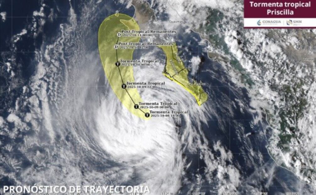 Pronóstico de trayectoria de la tormenta tropical Priscilla (08/10/2025). Foto: Especial
