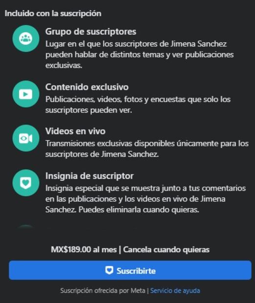 La periodista Jimena Sánchez tiene contenido exclusivo en Facebook al que se accede con una suscripción mensual