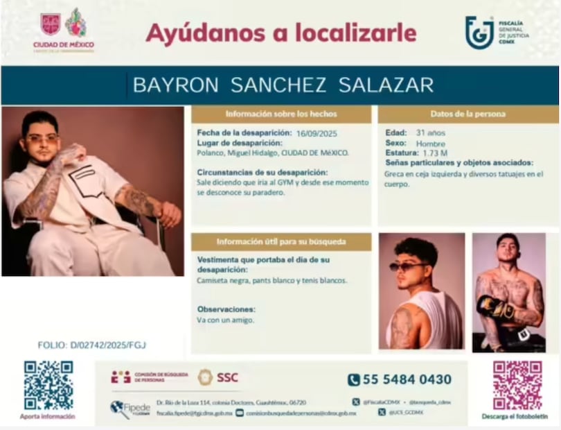 Autoridades de la CDMX difunden boletín de búsqueda de B-King, DJ colombiano desaparecido en Polanco desde el 16 de septiembre. Foto: Especial