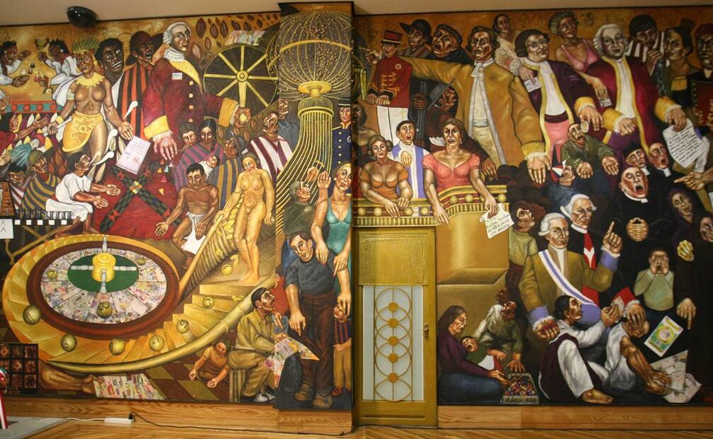 El secretario de Salud, José Ángel Córdova, el director de la Lotería Nacional, Benjamín González Roaro y el Coordinador Ejecutivo Nacional de las Conmemoraciones de 2010, José Manuel Villalpando inauguran el mural El juego de la fortuna, obra de Ariosto Otero, en el vestíbulo del edificio de sorteos de la Lotería Nacional como parte de los festejos por los 240 años de dicha institución.  Foto: Agencia EL UNIVERSAL/Agustín Salinas.