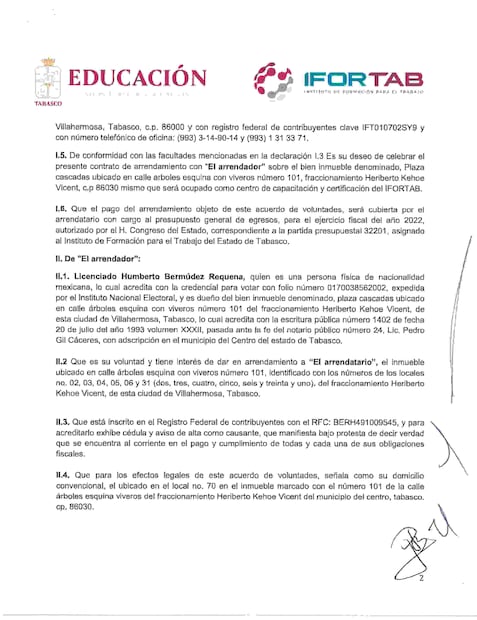 Humberto Bermúdez Requena recibió los 4.1 millones de pesos del Ifortab, dependencia encargada de ofrecer capacitación laboral a personas en situación de vulnerabilidad, por arrendarle oficinas.