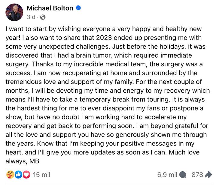 Michael Bolton informa que le extirparon tumor cerebral. / Foto: Facebook.