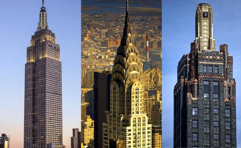 Tres edificios art déco: los dos de Nueva York, el Empire State (izq.) y el Chrysler (centro) priorizaban el diseño de pirámide escalonada, mientras que en el Carbide & Carbon (der.) de Chicago era un detalle más sutil. Pinterest.