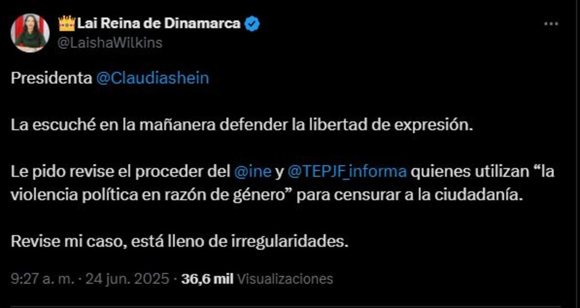 Laisha Wilkins solicita a Claudia Sheinbaum intervenir tras recibir notificación del TEPJF por una denuncia relacionada con un tuit; acusa irregularidades en el proceso. Foto: Captura de pantalla
