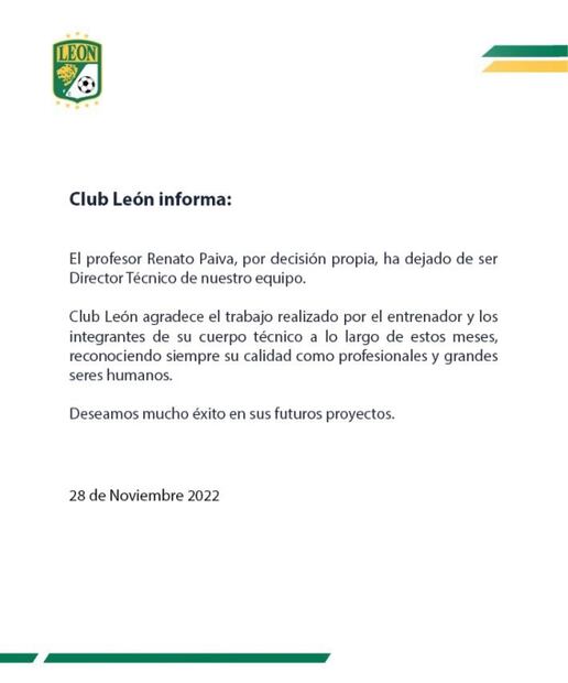 León ya no tiene DT; Renato Paiva renunció