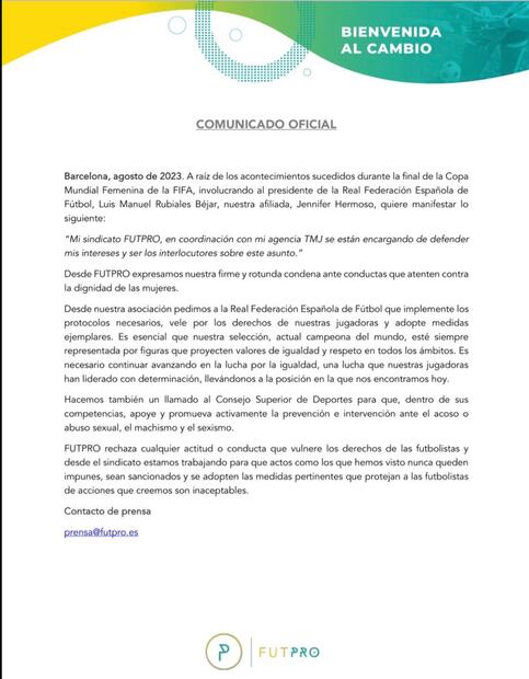 El comunicado de Jennifer Hermoso sobre Luis Rubiales