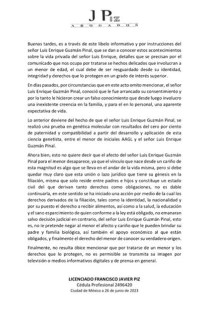 Este es el mensaje que Luis Enrique, a través de sus abogados, hizo llegar a los medios. Foto: Cortesía.