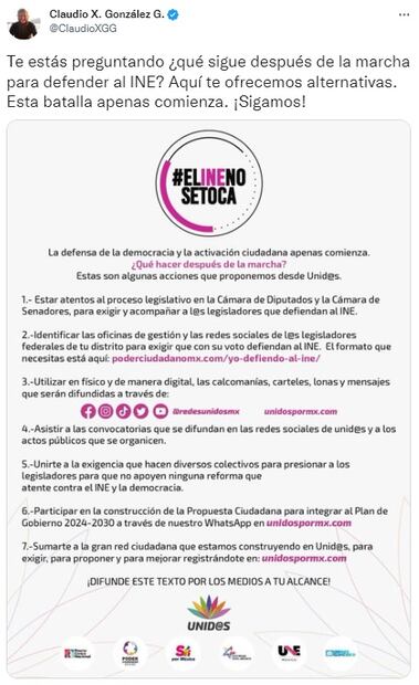 Claudio X. González difunde 7 puntos para hacer “después de la marcha” en defensa del INE