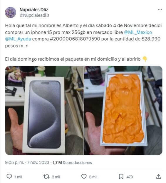 El usuario @Nupcialesdliz denunció que compró un iPhone de más de 28 mil pesos en Mercado libre y le llegó una caja con plastilina. / Foto: Tomada de X.