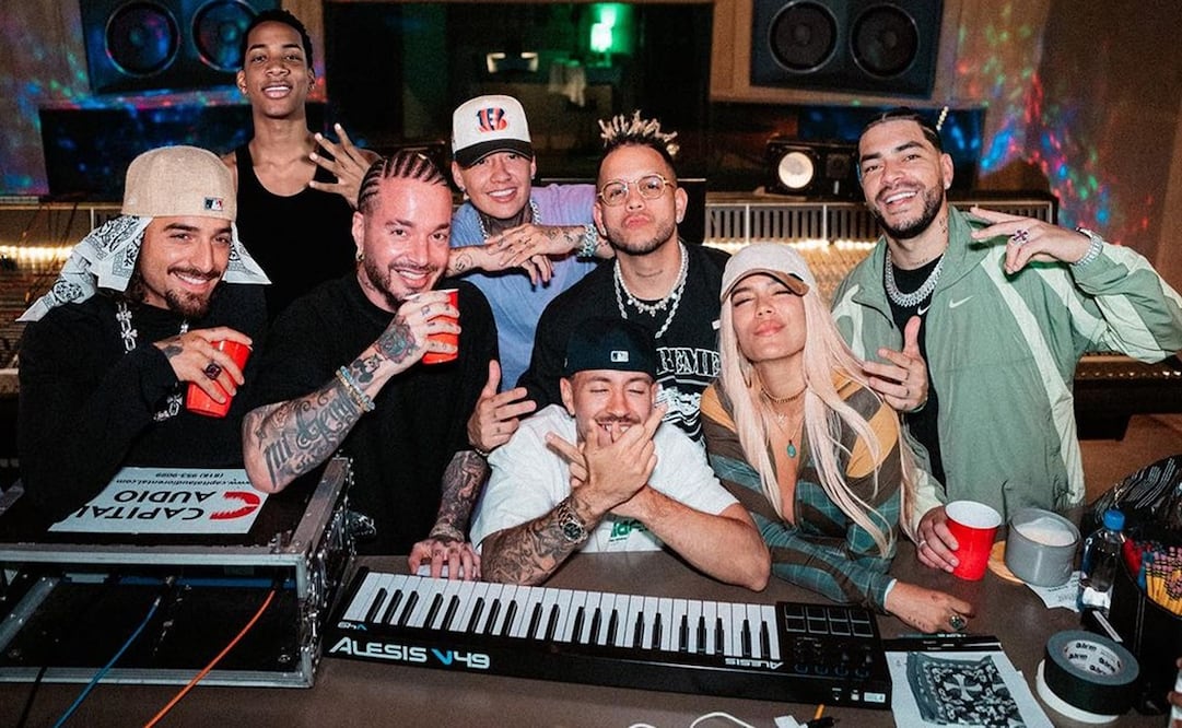 La llamada "Bichota" juntos  Feid, Maluma, J Balvin y otros reggaetoneros que participan en el tema "+57". Foto: Instagram