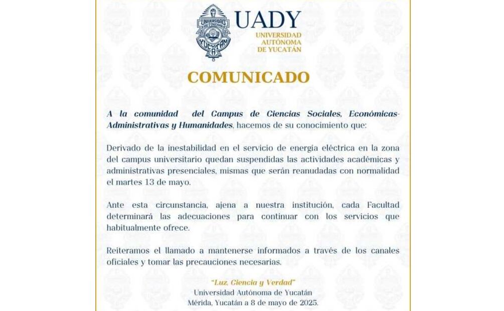 Comunicado de la Universidad Autónoma de Yucatán sobre apagones (09/05/2025). Foto: Especial
