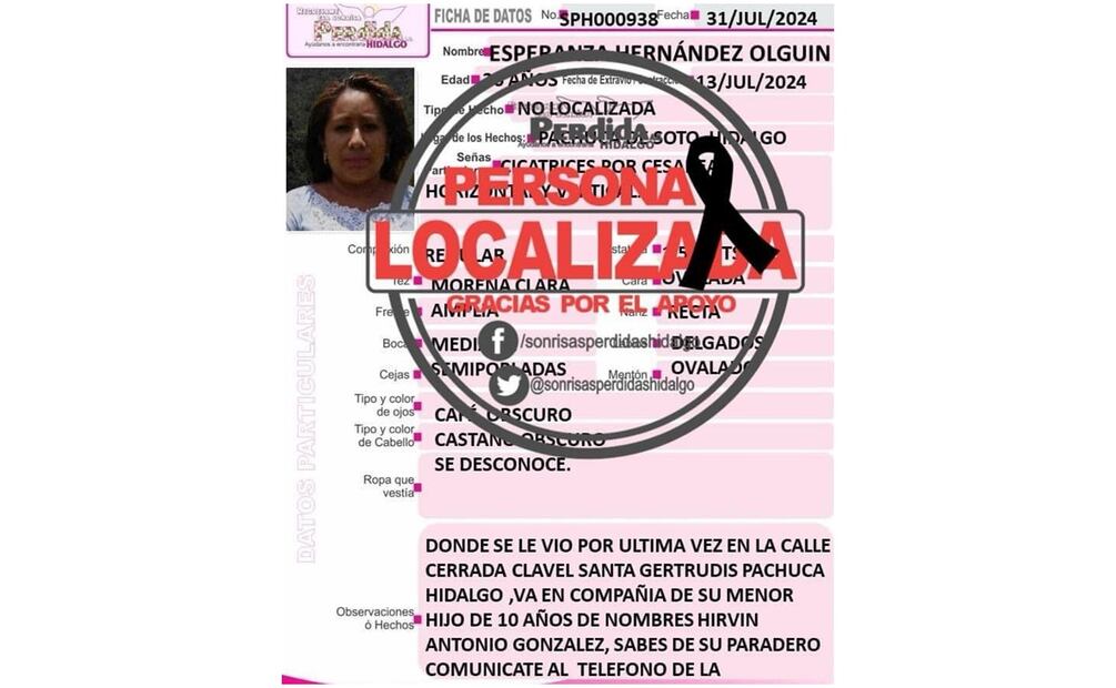 Esperanza N había sido reportada como desaparecida el 13 de julio, y la última vez que se le vio estaba en compañía de su hijo de 10 años. Foto: Especial