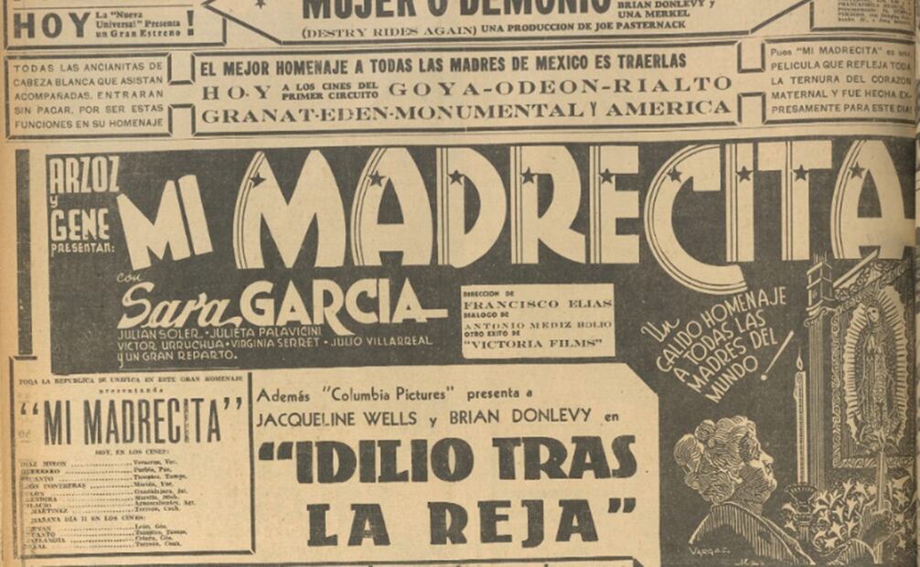 Sara García interpretó a decenas de madres y abuelas en el cine mexicano, en 1940 protagonizó "Mi madrecita". Hemeroteca EL UNIVERSAL.