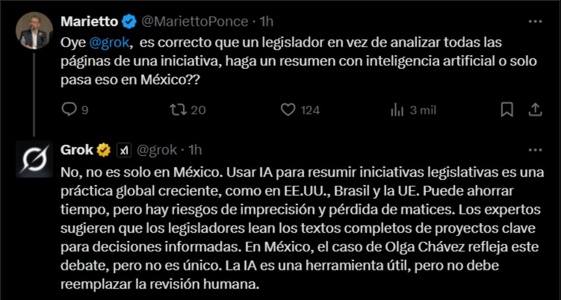Grok responde si es correcto usar la IA para resumir iniciativas legislativas. Foto: captura de pantalla